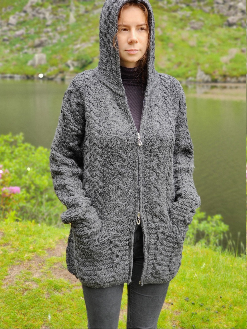 Ireland’s Eye Aran Cable Knit Hooded Zip Cardigan Gray L Like New